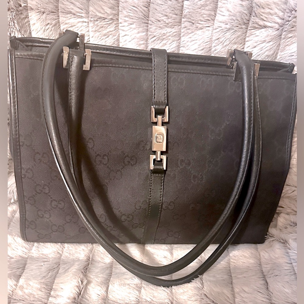 Gucci GG Monogram Black Canvas and Leather Shoulder Bag
